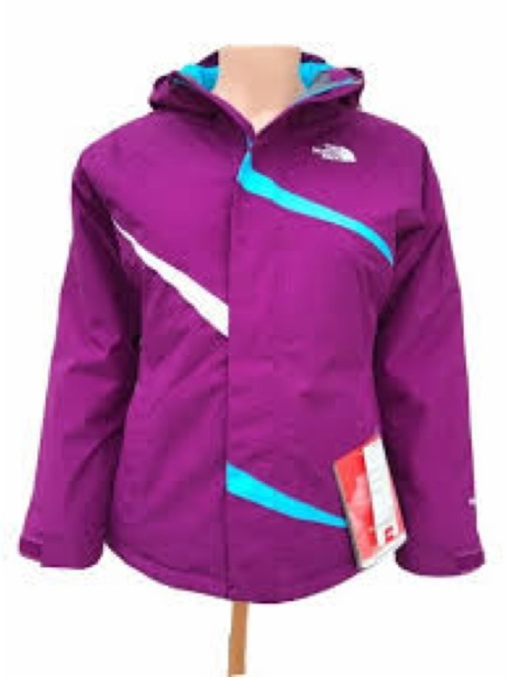 The North Face Purple Kids' Hooded Raincoat with Turquoise and White Accents